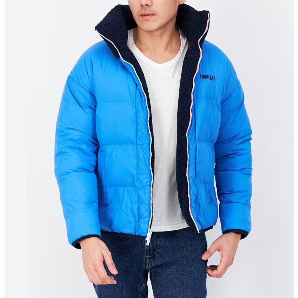 Fourlaps Embroidered Logo Reversible Quilted Sherpa Jacket Navy Blue Size M